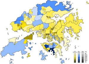 Election results map by margin of votes between pro-democracy and pro-Beijing camps. 2019 Hong Kong District Council Election Results (By camp).svg