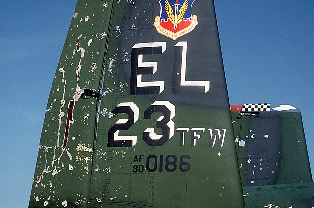 Tail section of a USAF A-10A Thunderbolt II aircraft showing damage sustained from an Iraqi SA-16 missile during Operation Desert Storm, 15 February 1