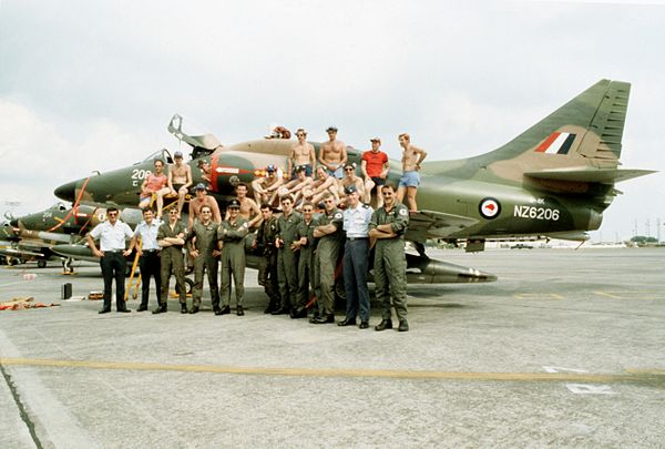 Members of No. 75 Squadron RNZAF with one of the unit's A-4K Skyhawks in the Philippines during Cope Thunder in 1982