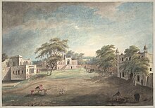 Watercolour view of Bahadurgarh by Sita Ram (fl. c.1810-1822) A courtyard with palace buildings and a mosque at Bahadurgarh.jpg