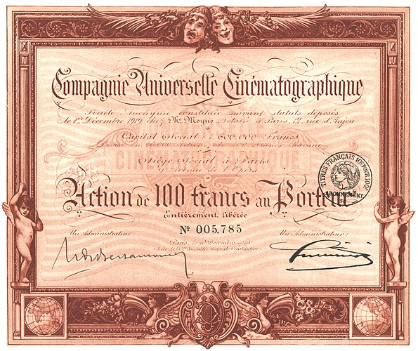 100-франковый сертификат акции на предъявителя, выпущенный в 1919 году парижской компанией Compagnie Universelle Cinématographique
