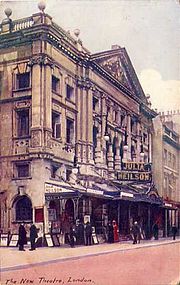 Postcard of the West End's New Theatre in 1905 with signs for Julia Neilson (who played Lady Blakeney) in The Scarlet Pimpernel Albery theatre london postcard.jpg