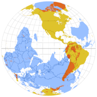 This map shows the antipode of each point on Earth's surface—the points where the blue and yellow overlap are land antipodes; most land has its antipodes in the ocean. This map uses the Lambert azimuthal equal-area projection. The yellow areas are the reflections through Earth's center of land masses of the opposite Western Hemisphere.