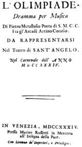 Libretto'nun başlık sayfası, Venedik 1734