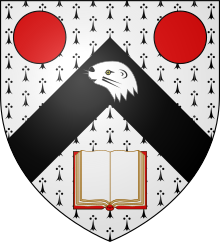 Arms of Balfour, Baron Kinross: Ermine, on a chevron sable between in chief two torteaux and in base an open book, an otter's head erased proper Arms of Balfour (Baron Kinross).svg