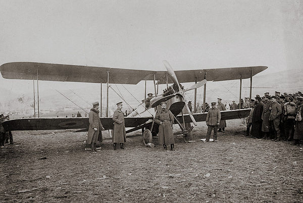 Bulgarian Aviation Corps Officers and soldiers gathered around a captured FK.3 in 1917.