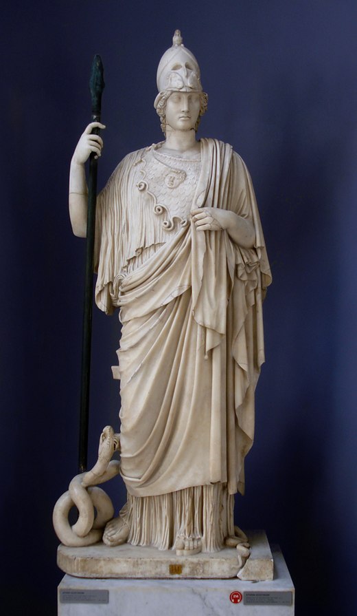 The Athena Giustiniani, a Roman copy of a Greek statue of Pallas Athena. The guardian serpent of the Athenian Acropolis sits coiled at her feet.[130]
