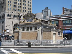 Looking southwest at the head-house. The Fifth Avenue Line station has been demolished