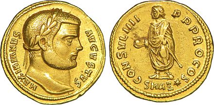 Aureus of Maximian. Legend: MAXIMIANVS AVGVSTVS / CONSVL IIII Pater Patriae PROCOnSul – SMAZ (Antioch mint).