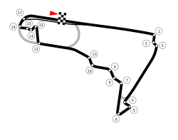 Gambar tata letak Autódromo Hermanos Rodríguez yang didesain ulang, yang diperkenalkan pada tahun 2015, dan berjalan searah jarum jam dengan tujuh belas tikungan.
