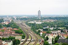 The station from the north - in front: Augsburg-Oberhausen suburban railway station Bahnhof Hotelturm.jpg