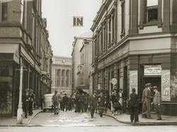 Looking towards what is now the Adelaide Casino entrance from a lane way (Bank St) extending from Hindley Street, 1937 Bank Street, Adelaide, 1937.png