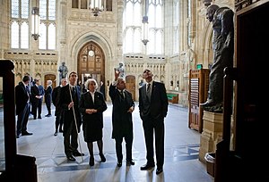 Speaker of the House of Commons John Bercow shows United States President Barack Obama around the Members' Lobby during a tour of Parliament in 2011 Barack Obama in the Members' Lobby of the Palace of Westminster, 2011.jpg