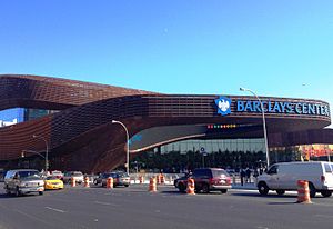 The completed Barclays Center, a large part of Pacific Park/Atlantic Yards, in September 2012 Barclays Center September 2012.jpg