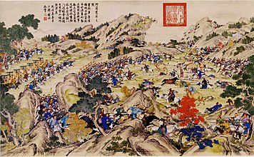 Qing defeat the Khoja at Arcul, after they had retreated following the battle of Qos-Qulaq, 1759. Painting by Jean Denis Attiret.