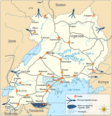 Map of Uganda showing the locations of major battles