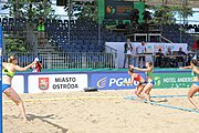 Deutsch: Beachhandball Europameisterschaften 2019 (Beach handball Euro); Tag 2: 3. Juli 2019 – Frauen, Vorrunde Gruppe D, Ukraine-Deutschland 2:0 (23:22, 32:24) English: Beach handball Euro; Day 2: 3 July 2019 – Women Preliminary Round Group D – Ukraine-Germany 2:0 (23:22, 32:24)