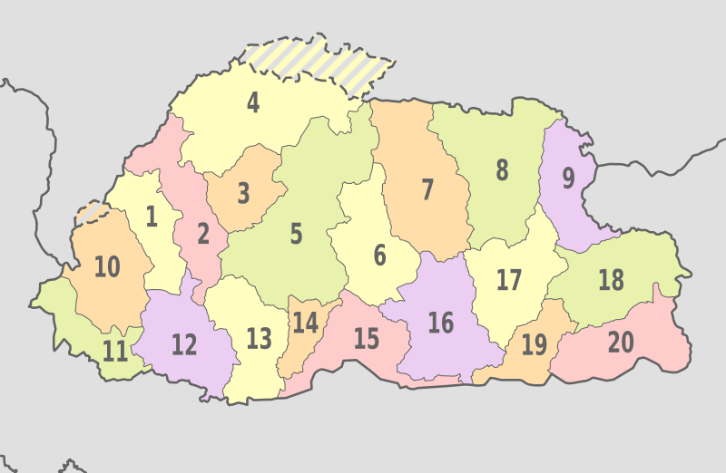 File:Bhutan (claims hatched), administrative divisions - Nmbrs - colored.svg