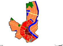 Stadtstruktur von Bordeaux. dunkelrot: Altstadt; hellrot: innerhalb des Boulevards; orange: äußere Stadtteile