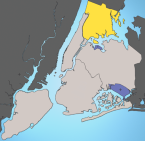 The Bronx, în galben, este singurul cartier al orașului New York, aflat pe teritoriul continental al SUA.