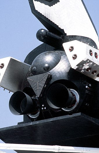 Buran spaceplane rear showing rocket engine nozzles, attitude control thrusters, aerodynamic surfaces, and heat shielding