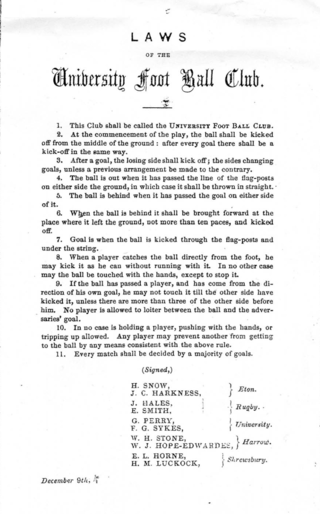 <span class="mw-page-title-main">Cambridge rules</span> Early version of the rules of soccer