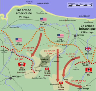 Schéma de la brèche de Caumont et l'avancée faite par les forces anglo-américaines, telles que décrites dans le texte