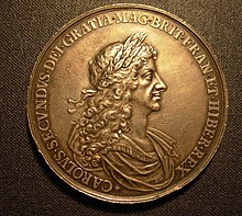 Charles II in profile on a medal struck in 1667 by John Roettier to commemorate the Second Dutch War CharlesII1667Medal.jpg