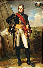 Formal full-length portrait of a Michel Ney in uniform, in the field, with a tent beside him and a distant landscape. He is a tall, broad-shouldered man with a long face, a gentle expression and light curly hair. He stands at ease, holding a marshal's baton and plumed hat with one hand on his hip.