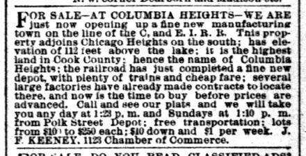 Classified ad from the Chicago Daily Tribune edition of October 25, 1891, offering real estate for sale in the newly developing community of Columbia Heights