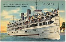 A color postcard depicting the Theodore Roosevelt in scheduled service on Lake Michigan Chicago to St. Joe and Benton Harbor on Steamer Roosevelt -- daily excursions (66297).jpg