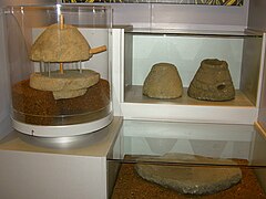 Revolving querns display. Possibly some are from Ilkley Museum's lost early collection.[10]