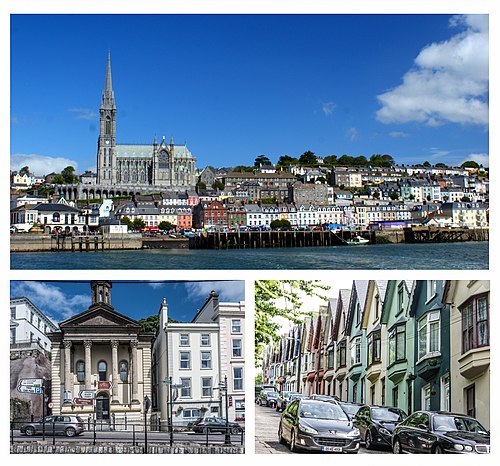 Clockwise from top: Cobh and St Colman's Cathedral as seen from Cobh Harbour; a row of Victorian houses known locally as the "deck of cards"; and the 