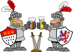 Zwei mit Bier anstoßende Comic-Ritter, der Kölner mit Altbier, der Düsseldorfer mit Kölsch, und Ansichten von Köln und Düsseldorf.