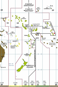 À la suite du réalignement du fuseau horaire de 1995, l'île du Millénaire (point rouge à l'est) est devenue le point le plus oriental à l'ouest de la ligne de changement de date.