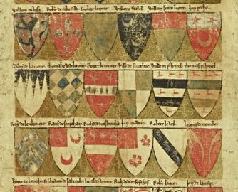 Three examples of coats of arms with crescents from the Dering Roll (c. 1270): No. 118: Willem FitzLel (sable crusily and three crescents argent); no. 120: John Peche (gules, a crescent or, on a chief argent two mullets gules); no. 128: Rauf de Stopeham (argent, two (of three) crescents and a canton gules).