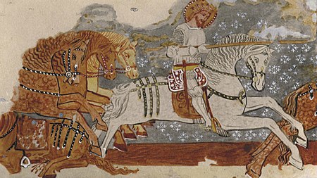 Mural in Darjiu fortified church: The Saint Ladislaus legend, detail with the cavalier-king saint Derzs4.jpg