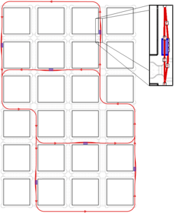 Simplified depiction of a possible PRT network. The blue rectangles indicate stations. The enlarged portion illustrates a station off-ramp. Diagramatic PRT layout2.png