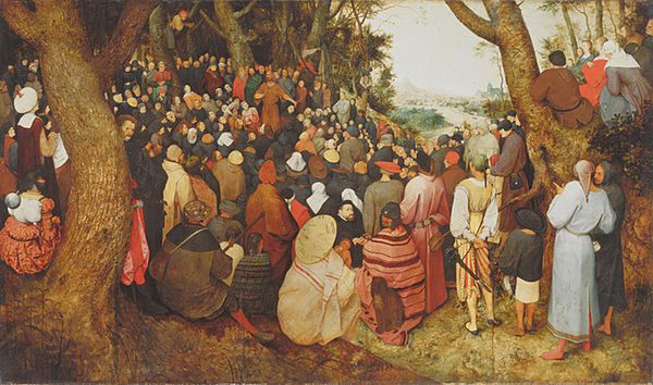 An outdoor sermon (The Preaching of St. John the Baptist) depicted by Pieter Bruegel the Elder, apparently in 1565, the year before the Beeldenstorm m