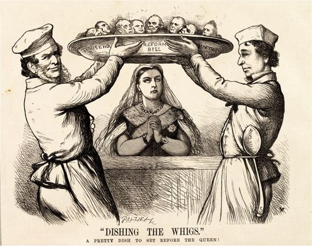 "Dishing the Whigs", Fun cartoon. Lord Derby and Benjamin Disraeli "dish" their Whig opponents by introducing more liberal reforms than they had conte