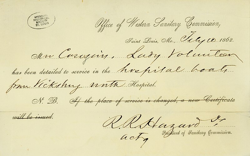 File:Document signed R.R. Hazard, acting President of the Western Sanitary Commission, regarding Adaline Couzins, February 10, 1862.jpg