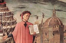 Dante, poised between the mountain of purgatory and the city of Florence, displays the incipit Nel mezzo del cammin di nostra vita in a detail of Domenico di Michelino's painting, Florence, 1465. (Source: Wikimedia)