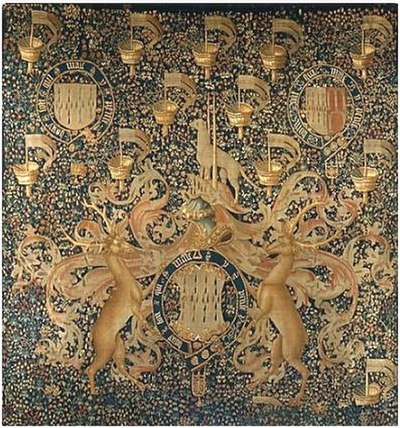 Flemish tapestry (c.1497-1501) showing heraldry of Lord Dynham. Metropolitan Museum of Art, New York