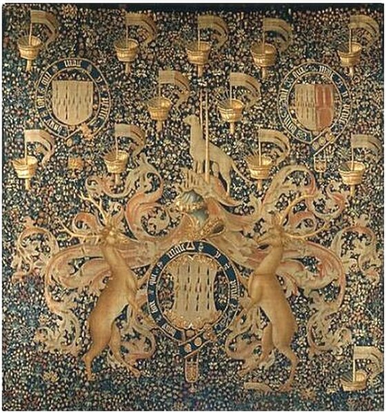 Flemish tapestry (c.1497-1501) showing heraldry of Lord Dynham. Metropolitan Museum of Art, New York