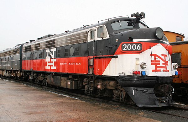 Two FL9s preserved at the Danbury Railway Museum. The FL9 in the background wears an ahistorical New York Central Railroad livery.