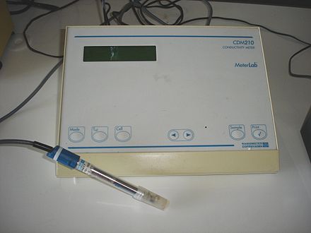 An electrical conductivity meter is used to measure total dissolved solids
