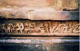 Kamasutra (erotica) art, 1070 CE, Tripurantaka Temple, Shimoga district Erotic Sculpture at Tripurantakesvara Temple in Balligavi.jpg