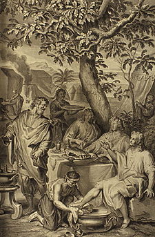 Abraham Stands by the Three Men under the Tree (illustration from the 1728 Figures de la Bible) Figures 018 Abraham Stands by the Three Men under the Tree.jpg