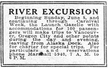 Advertisement for excursions on Gazelle, placed June 12, 1913 Gazelle ad 12 Jun 1913.jpg
