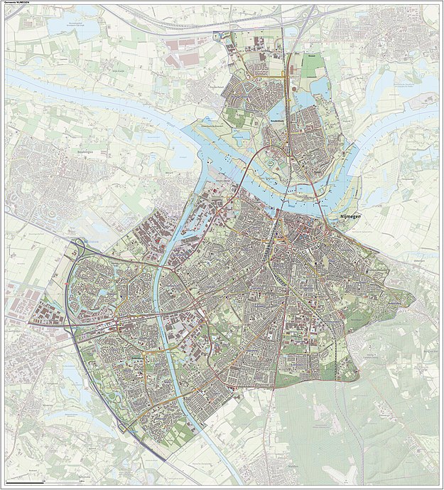 Topografisch kaartbeeld van de gemeente Nijmegen inclusief nieuwe Waalbrug